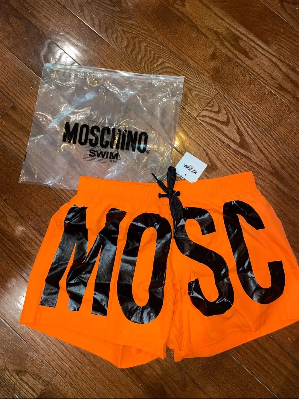 New! Moschino Neon Orange Logo Swim Shorts Oversized Graphic Beach Trunks🧡 M NWT